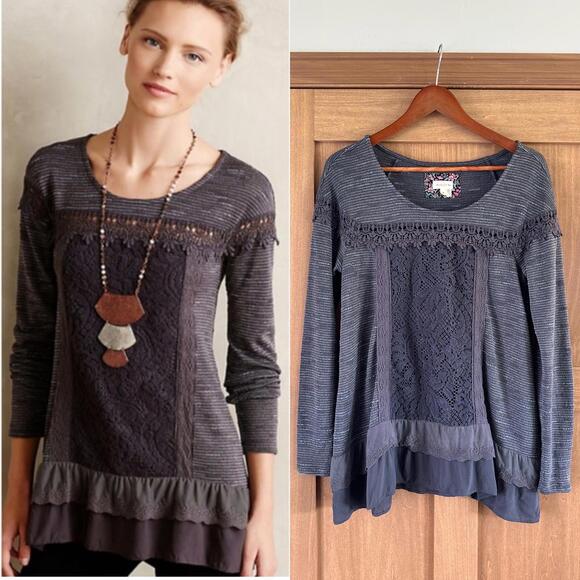 Anthropologie Tops - Meadow Rue Anthropologie Gray Lace Embroidered Tunic Blouse Women’s size Medium